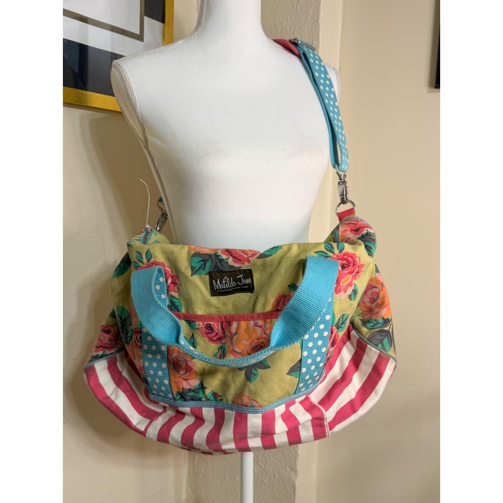 Matilda Jane Floral Striped Canvas Duffel Bag Weekend Travel Tote Blue Yellow